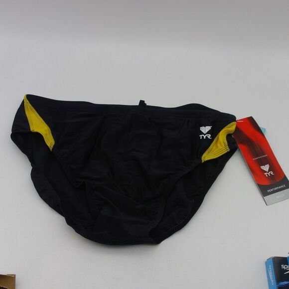 NEW TYR Male Competition Alliance Splice Racer Brief Swimsuit Black Gold Size 36 - Picture 2 of 9